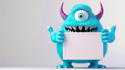 3d cute monster holding up a blank sign,colorful cartoon character,empty banner. cartoons....