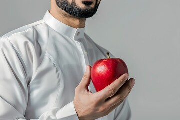 Saudi Gulf Arab man wearing a shemagh and white traditional dress is holding red apple in hand on white background.. - Powered by Adobe