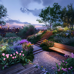 Artistic Integration of Terraced Plantations in a Sloping Garden with a Stunning City View