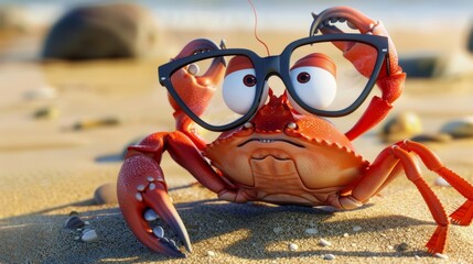 charming red cartoon crab with big expressive eyes donning oversized glasses on a sandy beach. cartoons. Illustrations
