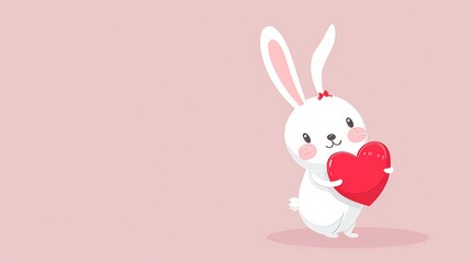 Obraz premium Flat image, Valentine's Day, cute cartoon bunny with red heart on pale pink background, copy space on left. cartoons. Illustrations