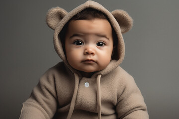 A baby boy with big brown eyes and chubby cheeks, wearing a bear onesie, sitting against a soft gray background.