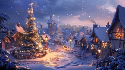 A snow-covered village with twinkling lights and a giant Christmas tree. cartoons. Illustrations