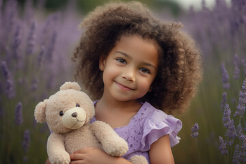imagine A little girl with curly hair and dimples, holding a teddy bear, set against a calming...