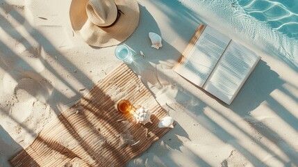 A beautiful beach landscape featuring a book, hat, starfish, seashells, and a refreshing drink by...