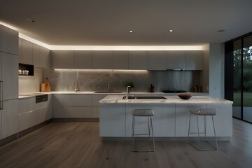 minimalist kitchen with sleek countertops and stainless steel appliances, illuminated by soft under-cabinet lighting 