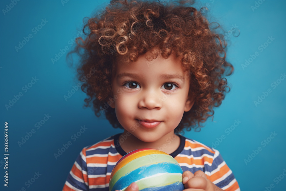 Wall mural A toddler boy with curly hair and a mischievous grin, wearing a striped t-shirt, holding a colorful toy, standing against a vibrant blue backdrop. - Wall murals