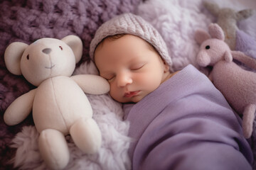 imagine A newborn sleeping peacefully in a cozy blanket, against a serene lavender background,...