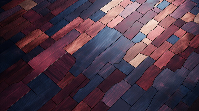 imagine An aerial perspective of a wooden floor adorned with abstract patterns of rich burgundy and deep indigo, creating a harmonious blend of colors.