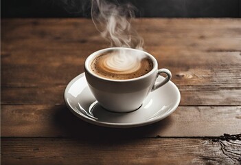 Fototapeta premium Café humeante servido sobre mesa de madera