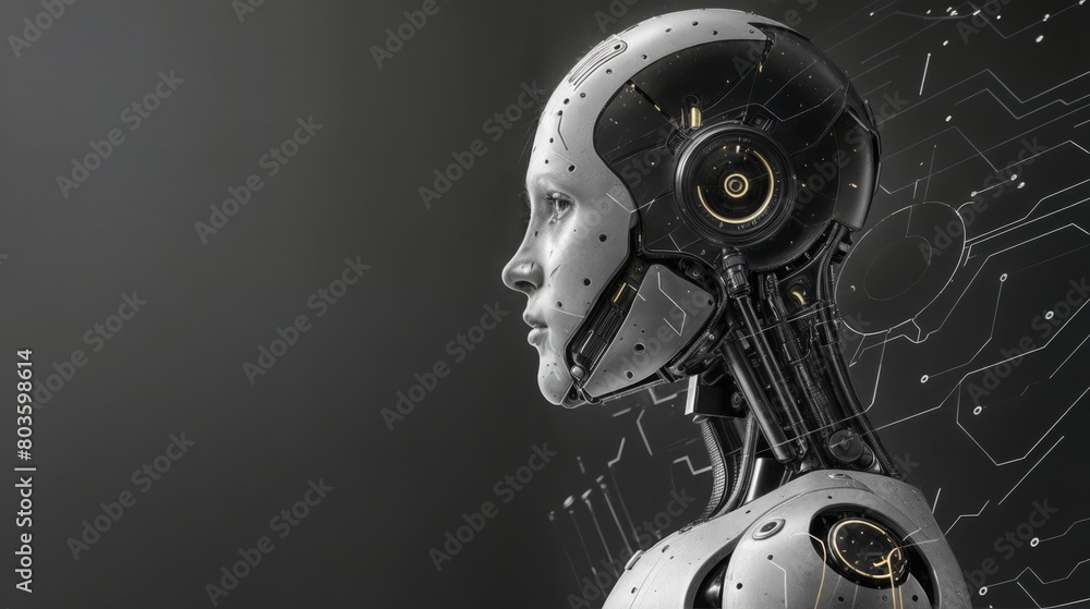 Aufkleber humanoid robot head with artificial intelligence concept on dark background