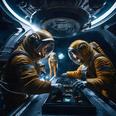 Astronauts Operate Spacecraft Controls Amidst a Futuristic, Intergalactic Voyage