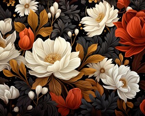 Autumn romantic florals, deep and rich textures, repeating seamless pattern for warm and cozy greeting cards ,  vector and illustrations