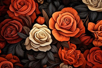 Autumn roses, deep oranges and reds, seamless repeating pattern, vector for elegant greeting cards ,  pattern