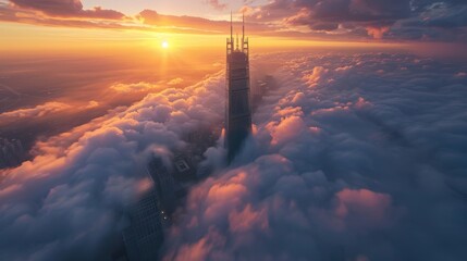Tower in the Sky: Aerial Photography of a Tower Piercing Through Clouds