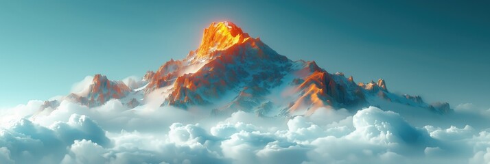 mountain peak shrouded in clouds, with the top glowing orange and golden against a blue sky background