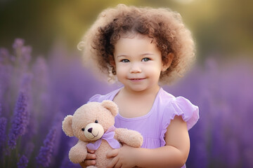 imagine A little girl with curly hair and dimples, holding a teddy bear, set against a calming lavender backdrop.