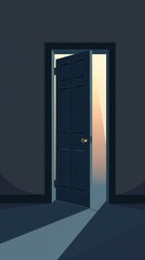 A door is open in a dark room, Flat design illustration, background, wallpaper