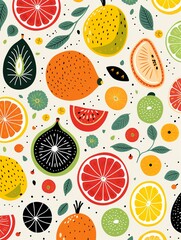 Trendy fruit pattern, bold colors, repeating simple lines, seamless vector for modern textile art ,  flat graphic drawing