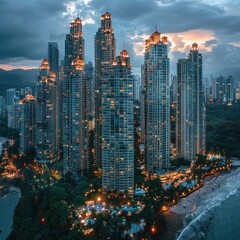 Obraz premium The tall, majestic office building for business seen at night with the lights on is observed from above, captured by a drone camera