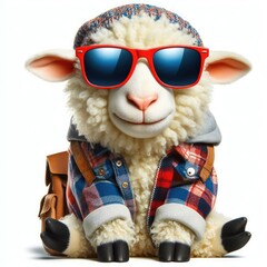 Sheep wearing clothes and sunglasses isolated on a white background