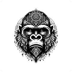 gorilla silhouette in bohemian, boho, nature illustration