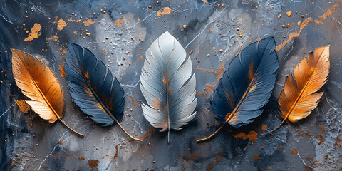 Wall art, marble backdrop with feather design.