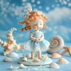  Cute Doll in Lovely Blue Dress Summer Doll with Seashells 