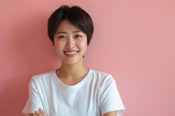 Portrait of a confident Korean girl, student, arms crossed on chest, standing over white background