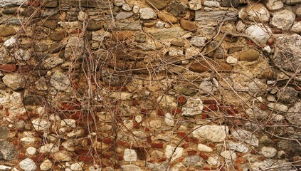 Antico muro di pietra con pianta rampicante senza foglie, Italia