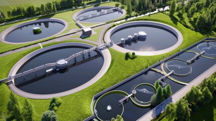 Aerial view blackwater treatment tank with waste water, Circle circular water clarifier cleaning water. water. Illustrations