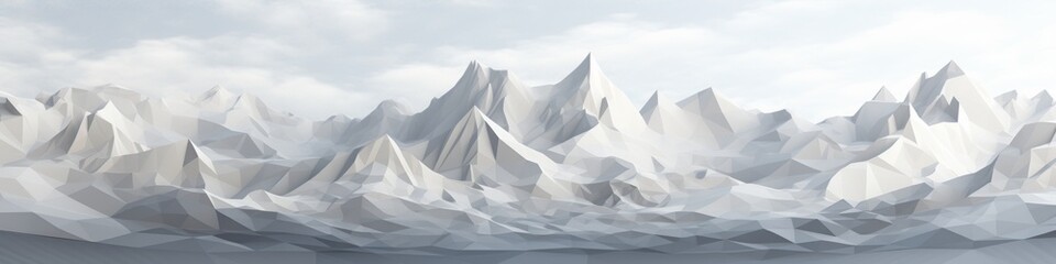 Low poly style imitation backdrop depicting a white mountain range, with varying shades of gray and white peaks, banner