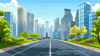 Metropolis, big city road landscape illustration in cartoon style. Scenery background. cartoons. Illustrations
