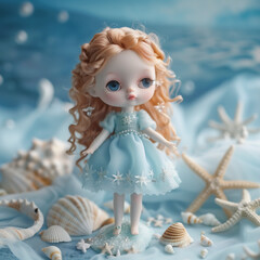 Cute Curly Hair Doll in Blue Dress Adorable Summer Doll   with Seashells