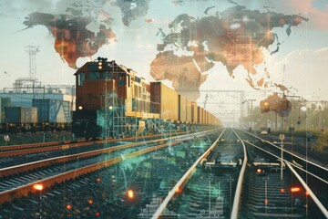a freight train passing through an industrial area, blended with a map of global logistics networks, highlighting the importance of transportation in industry