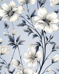 Simple lines, vintage wild flowers, monochrome, highresolution seamless pattern for refined ceramic art ,  vector and illustrations