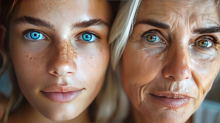 close up shot of a face looking at the camera, one half of the face is 30 years old, the other half of the same face is 50 years old with aging wrinkled skin looking older