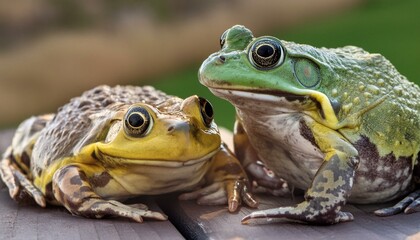 Two frogs on a table with a forest background