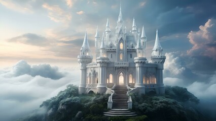 A beautiful white castle in the middle of the clouds.
