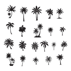 set of palm trees silhouettes on white	