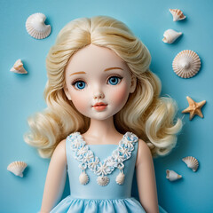 Beautiful Doll in Blue Dress with Seashells Summer Doll