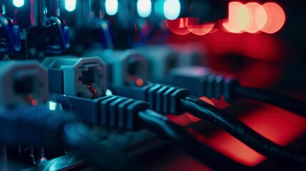 Fototapeta premium Close-up of network switch LEDs blinking rapidly, detailed connectivity status 