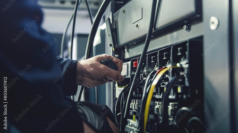 Poster inspecting backup generators for data centers, close-up, detailed maintenance checks