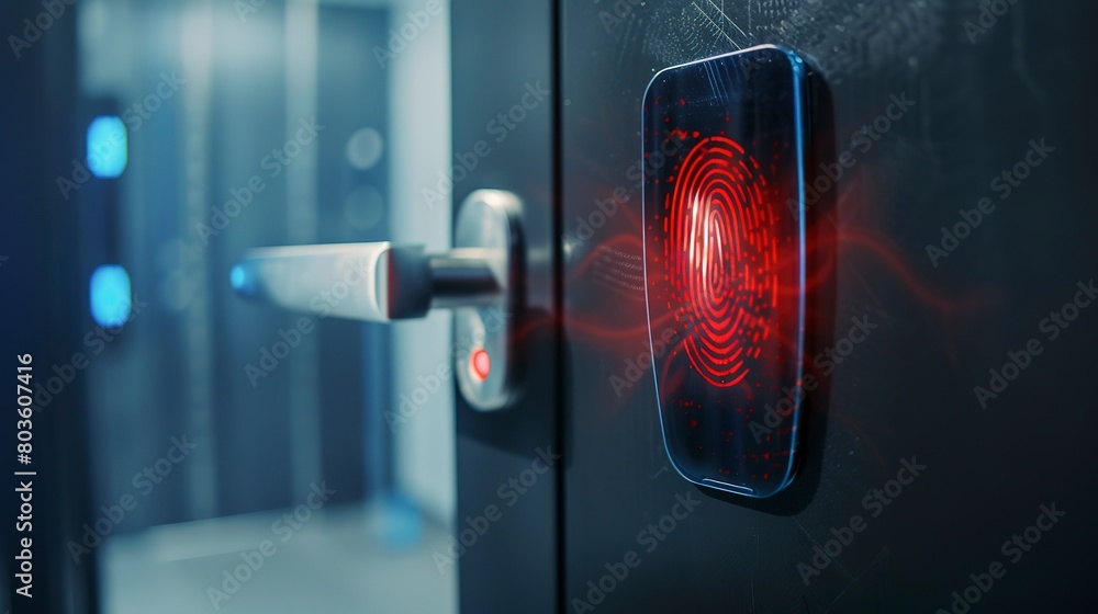 Poster close-up of biometric access control at data center entrance, detailed fingerprint scanning