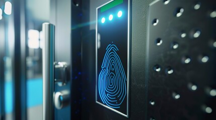 Close-up of biometric access control at data center entrance, detailed fingerprint scanning 