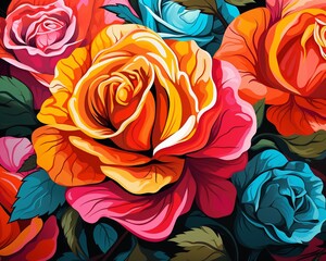 Bold and artistic roses, bright colors, seamless pattern, trendy vector illustration for contemporary printing projects ,  seamless pattern