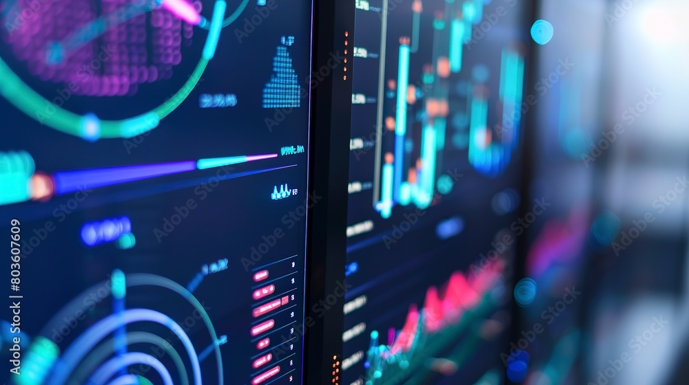 Poster monitoring efficiency in a smart grid control center, close-up, detailed screens and data analytics
