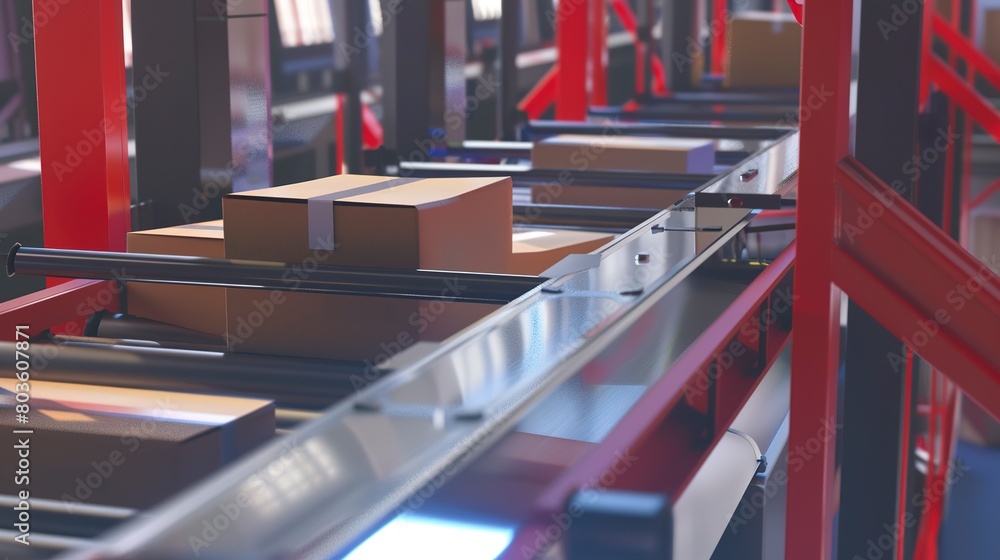 Poster sorting conveyor with packages moving, close-up, detailed sorting mechanism and boxes