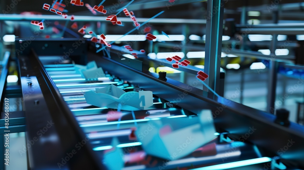 Poster ai-driven sorting system at a factory, close-up, detailed conveyor and object recognition