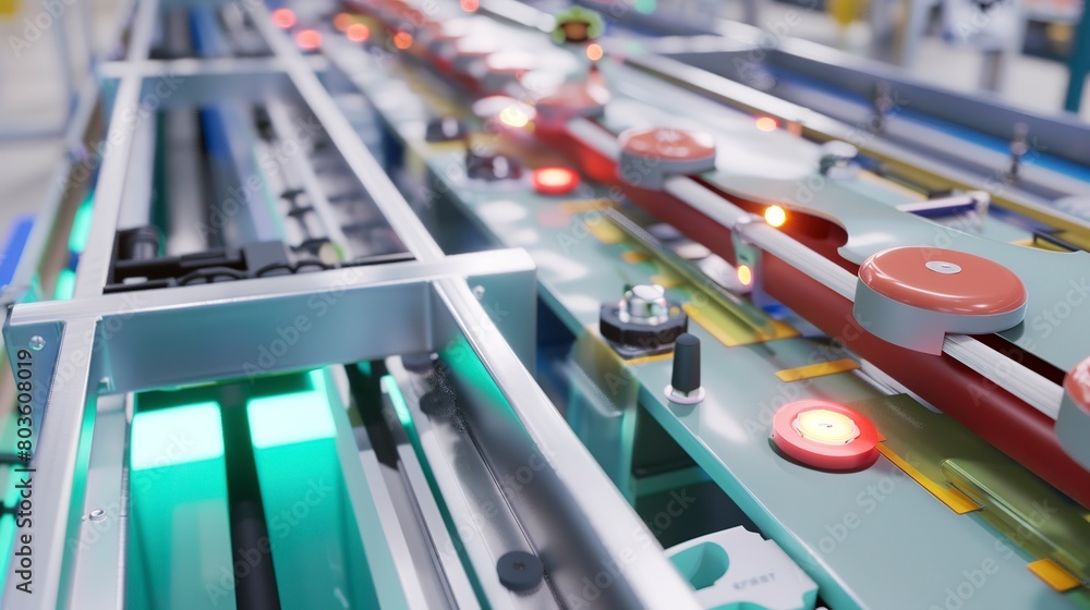 Aufkleber ai-driven sorting system at a factory, close-up, detailed conveyor and object recognition